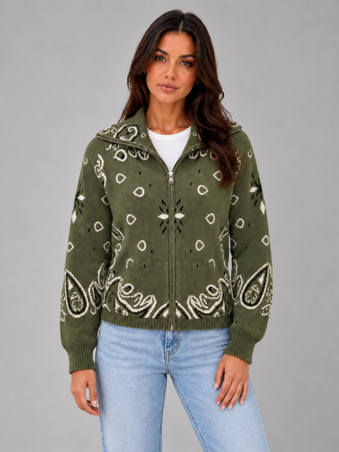 Women's Bandana Print Knit Cardigan – Funnel Neck Zip-Up in olive green, front view