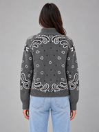 Women's Bandana Print Knit Cardigan – Funnel Neck Zip-Up in grey, back view