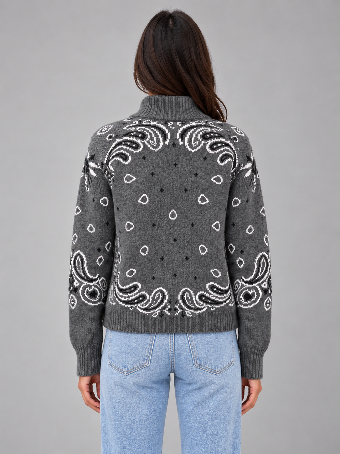 Women's Bandana Print Knit Cardigan – Funnel Neck Zip-Up in grey, back view