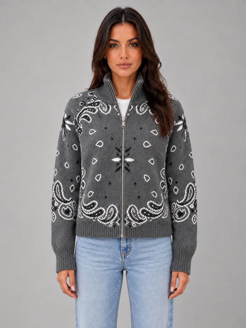 Women's Bandana Print Knit Cardigan – Funnel Neck Zip-Up in grey, front view