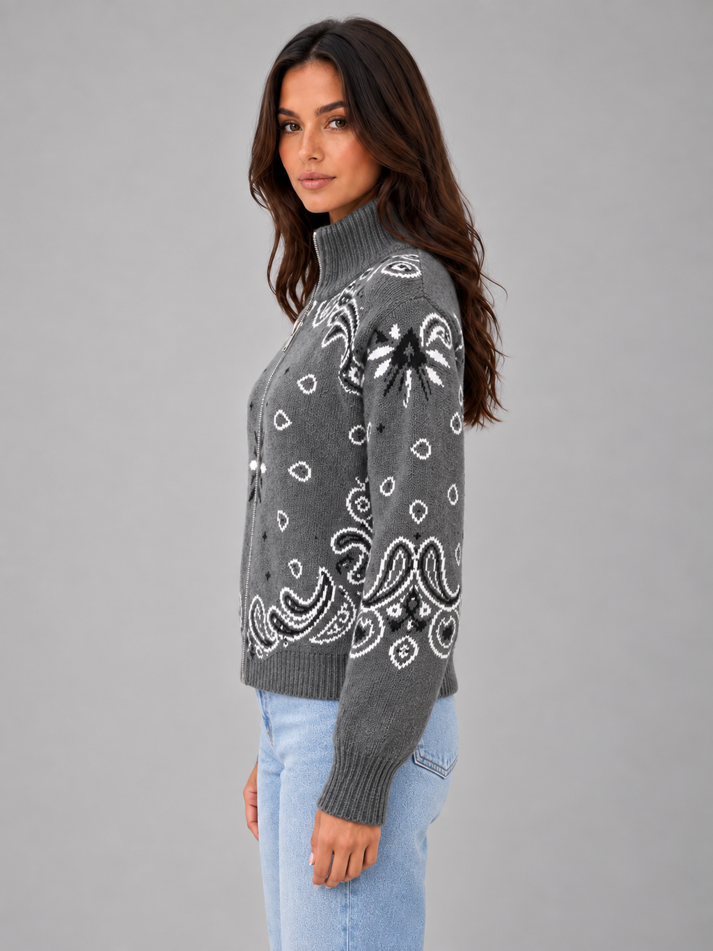 Women's Bandana Print Knit Cardigan – Funnel Neck Zip-Up in grey, side view