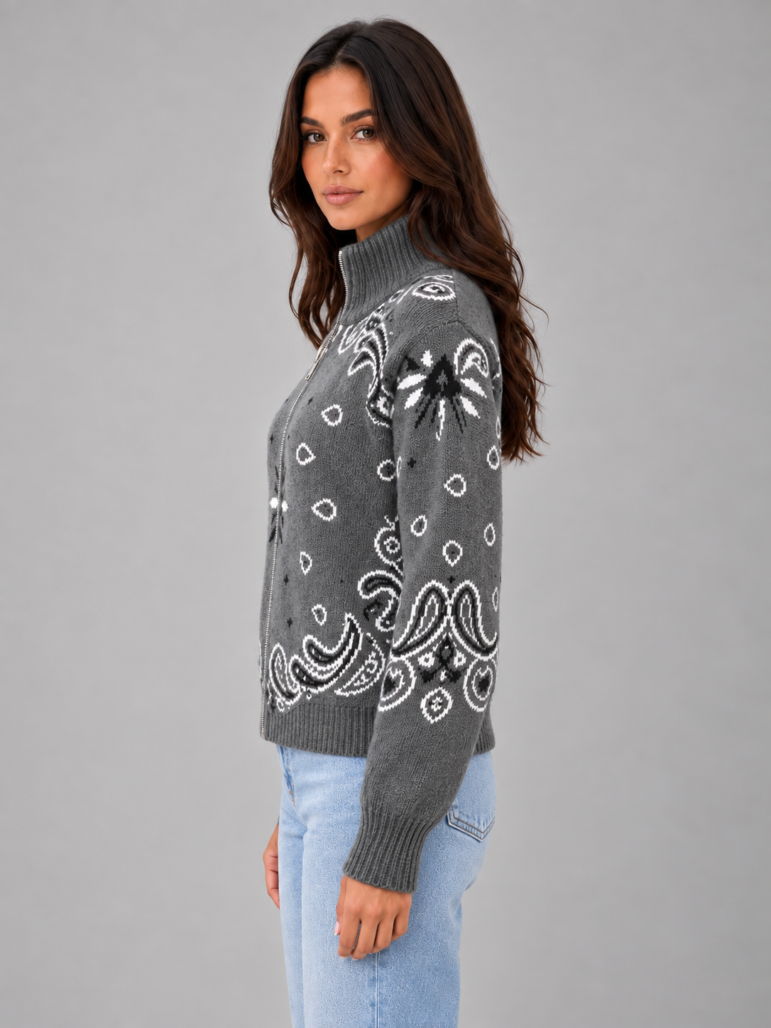Women's Bandana Print Knit Cardigan – Funnel Neck Zip-Up in grey, side view