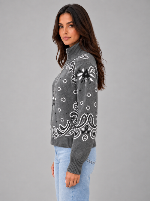 Women's Bandana Print Knit Cardigan – Funnel Neck Zip-Up in grey, side view