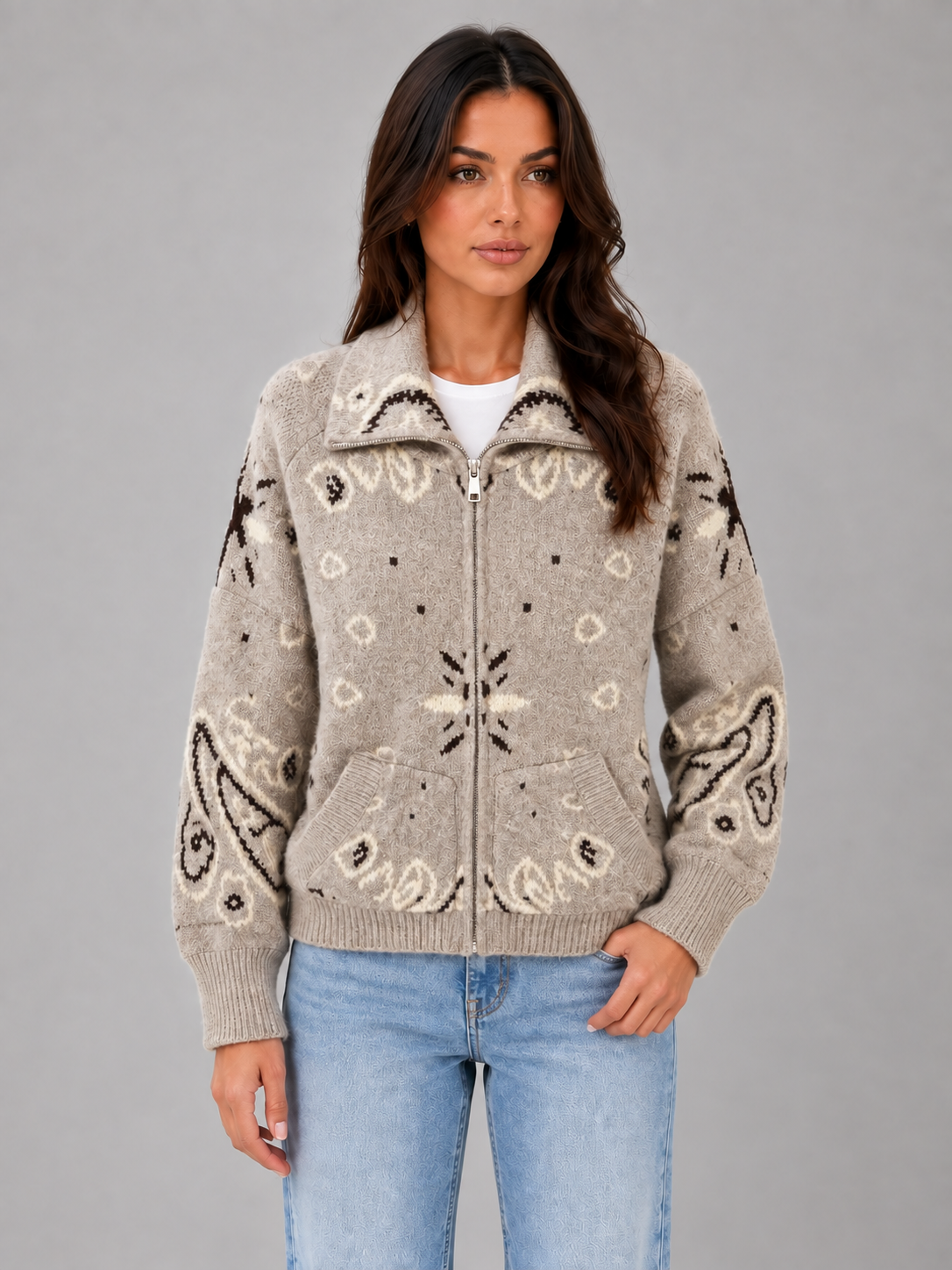 Women's Bandana Print Knit Cardigan – Funnel Neck Zip-Up in light grey, front view
