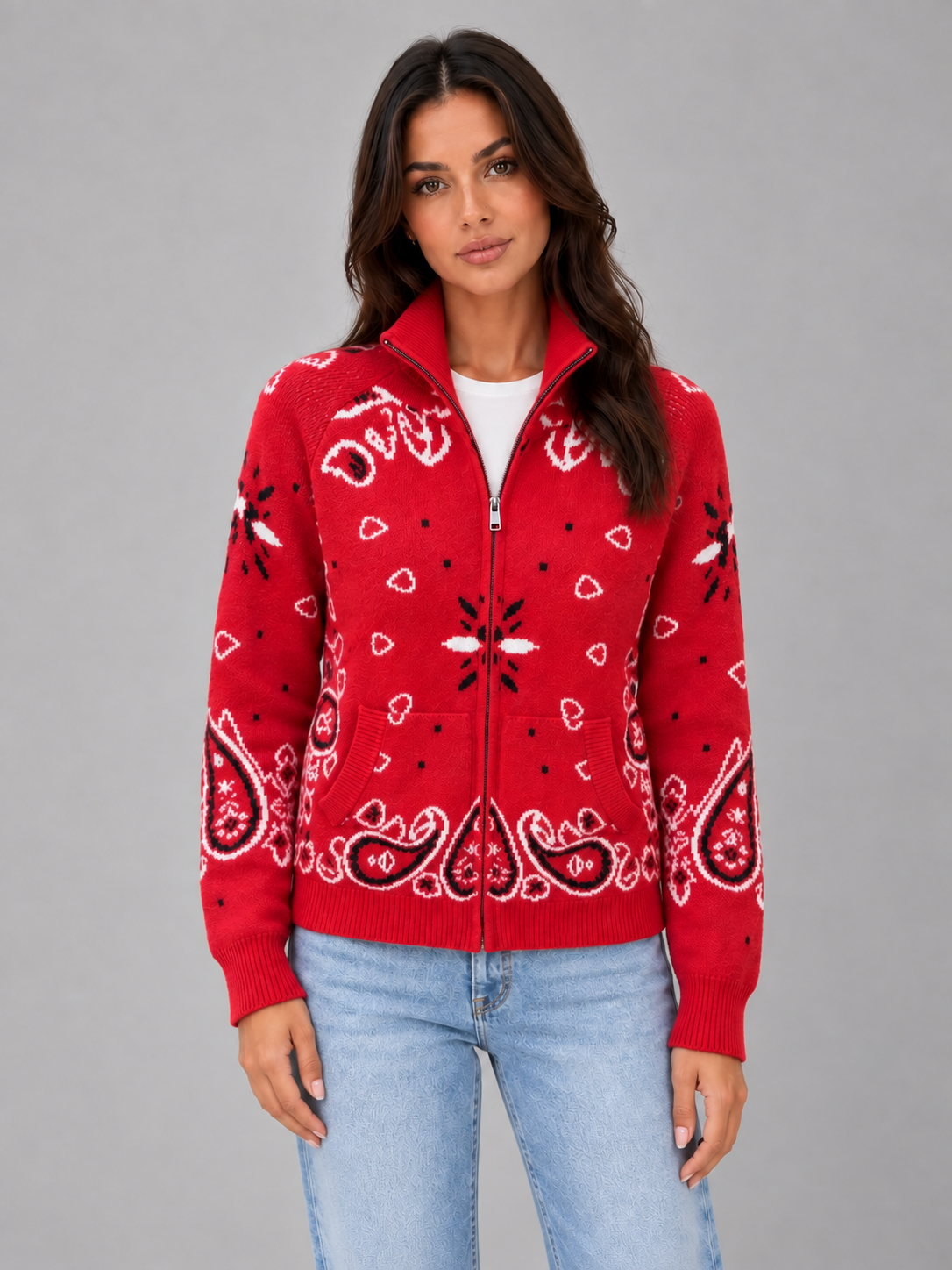 Women's Bandana Print Knit Cardigan – Funnel Neck Zip-Up in red, front view