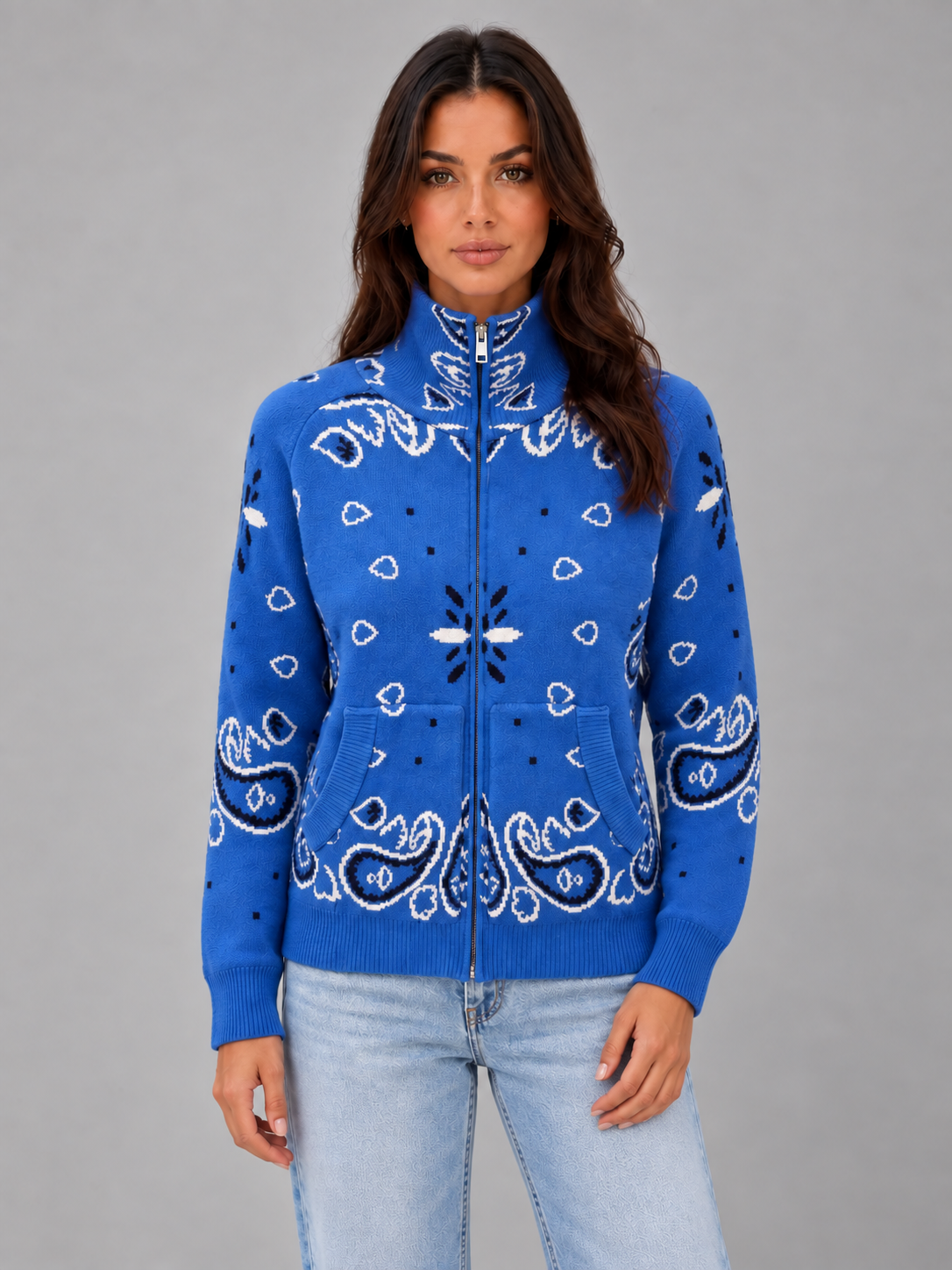 Women's Bandana Print Knit Cardigan – Funnel Neck Zip-Up in royal blue, front view