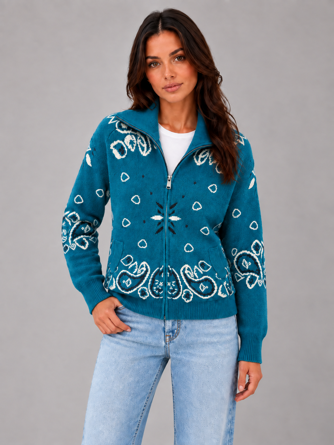 Women's Bandana Print Knit Cardigan – Funnel Neck Zip-Up in teal, front view