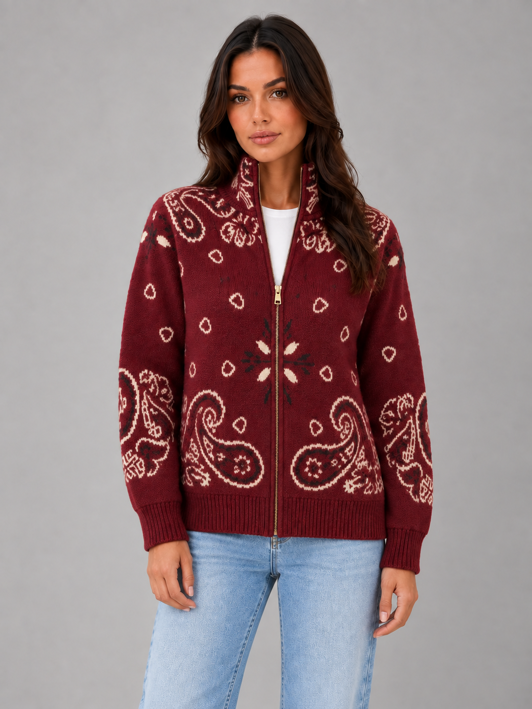 Women's Bandana Print Knit Cardigan – Funnel Neck Zip-Up in wine red, front view