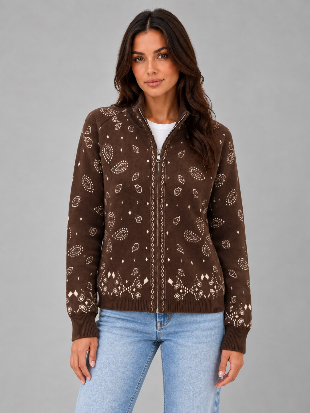 Women's Bandana Print Zip Sweatshirt – Stand Collar in brown, front view