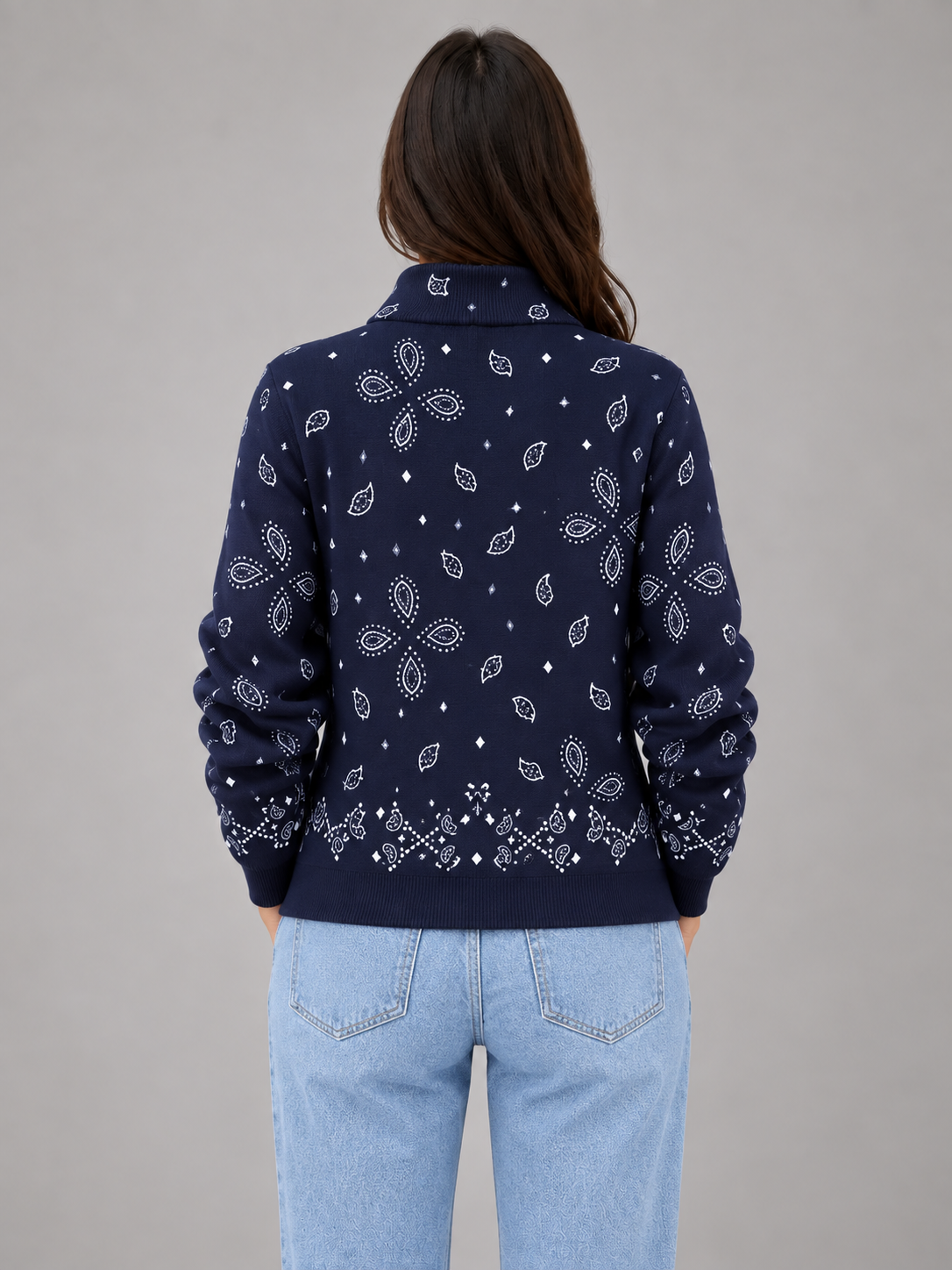 Women's Bandana Print Zip Sweatshirt – Stand Collar in navy, back view