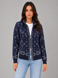 Women's Bandana Print Zip Sweatshirt – Stand Collar in navy, front view