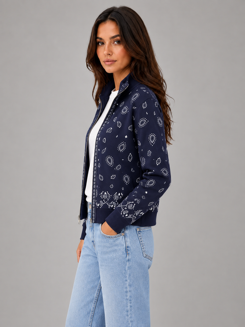 Women's Bandana Print Zip Sweatshirt – Stand Collar in navy, side view