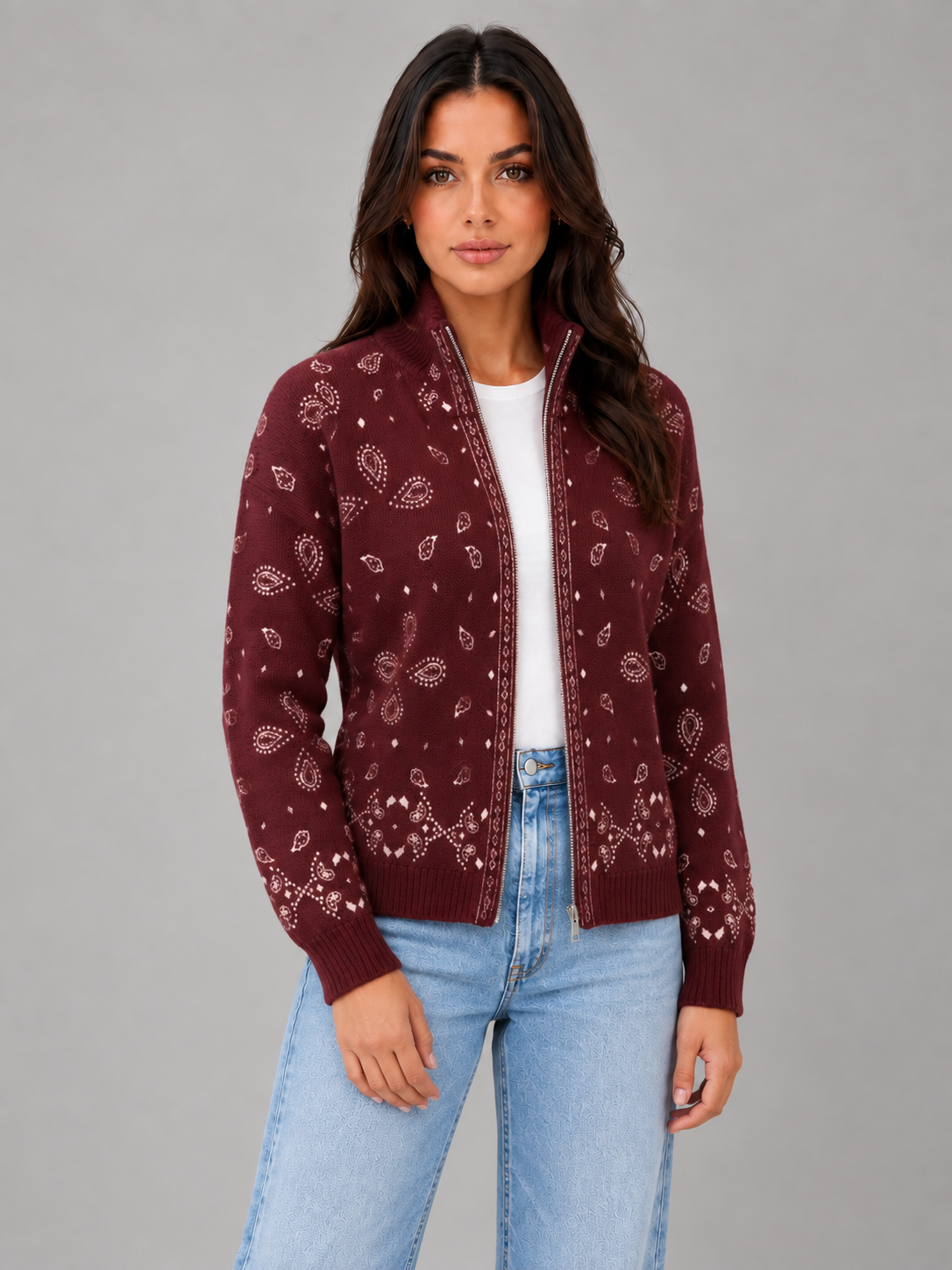 Women's Bandana Print Zip Sweatshirt – Stand Collar in wine red, front view