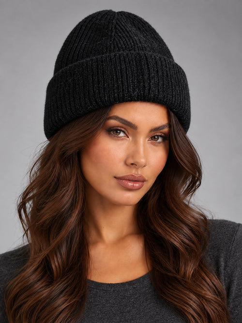 Women's Angora Knit Beanie – Soft Winter Hat in Black — alternate view