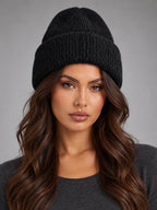 Women's Angora Knit Beanie – Soft Winter Hat in Black — front view
