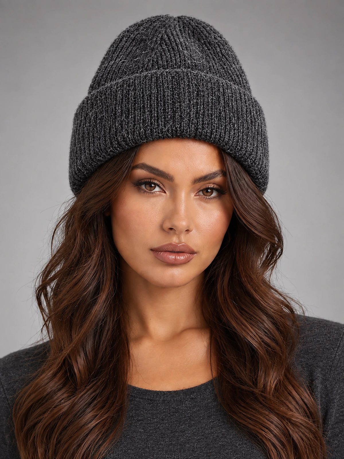 Women's Angora Knit Beanie – Soft Winter Hat in Charcoal — front view