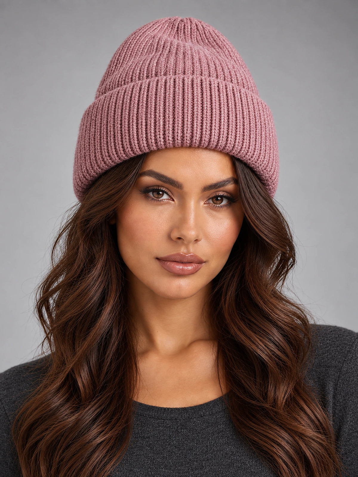 Women's Angora Knit Beanie – Soft Winter Hat in Dusty Rose — front view