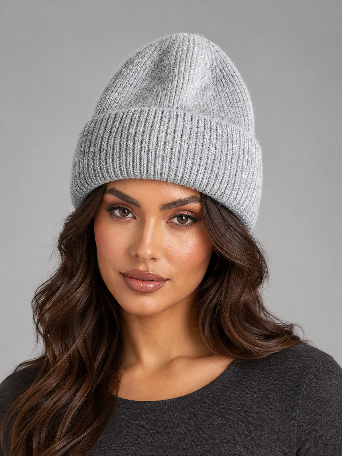 Women's Angora Knit Beanie – Soft Winter Hat in Grey — front view