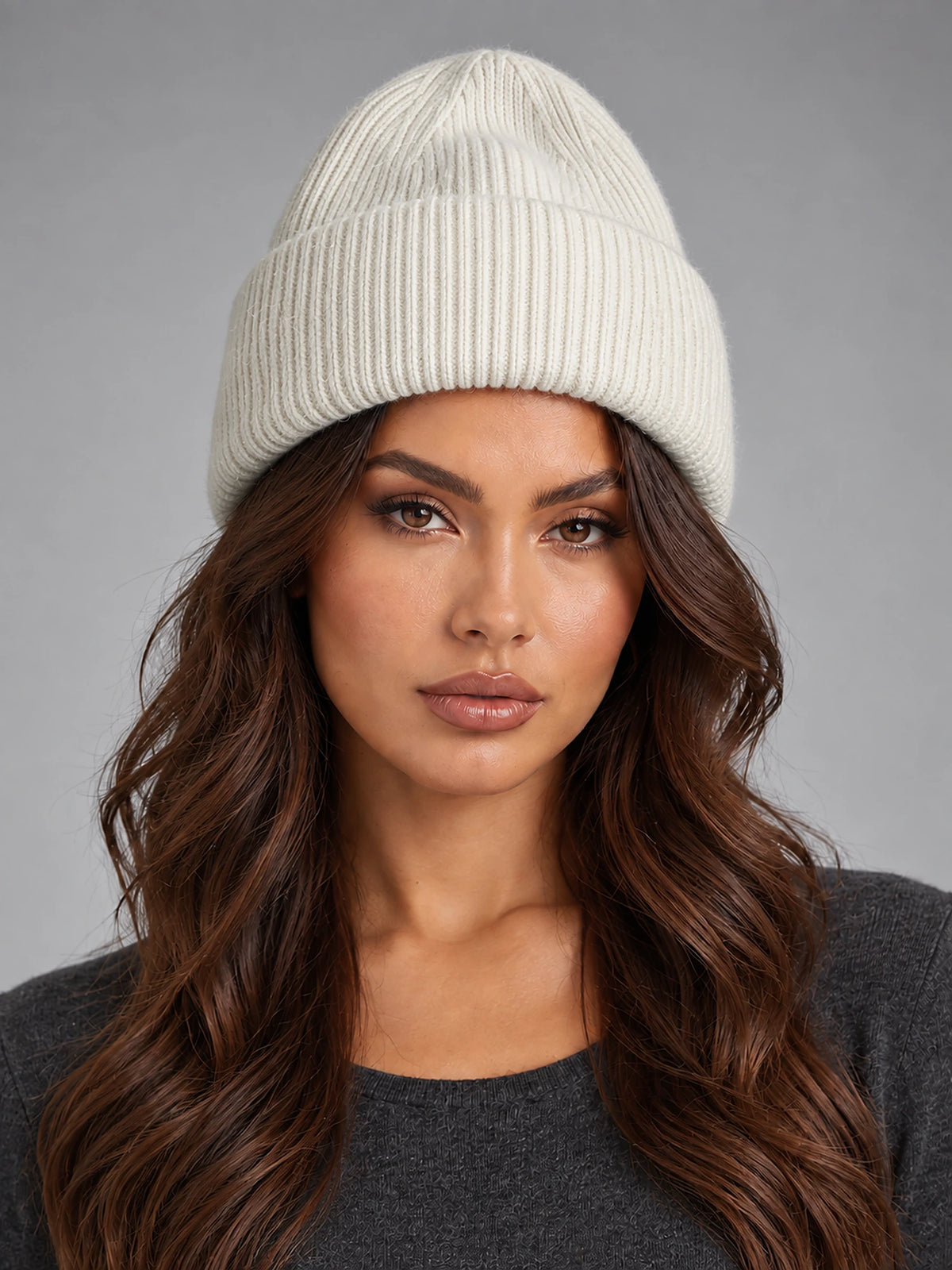 Women's Angora Knit Beanie – Soft Winter Hat in Ivory — front view