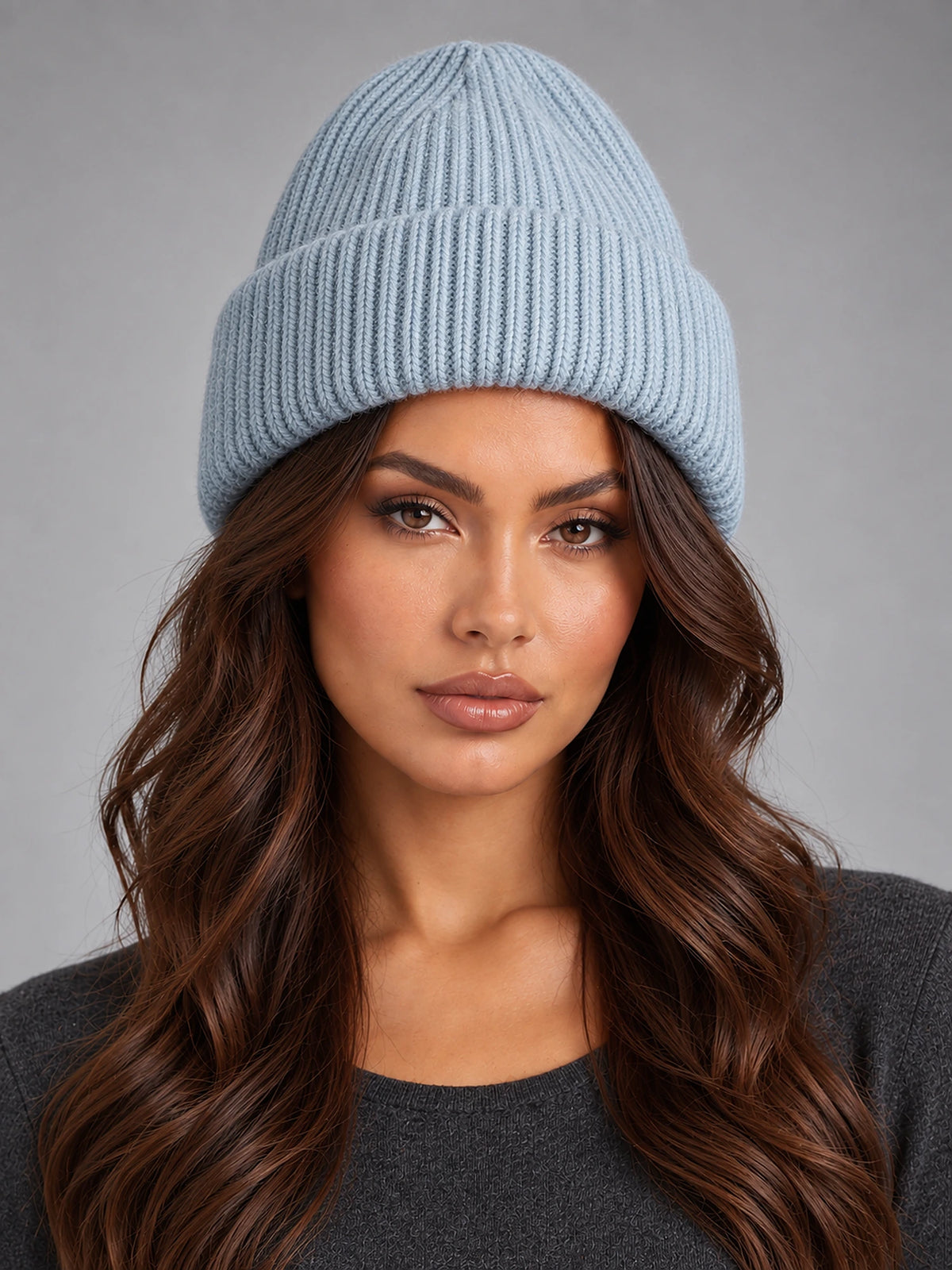 Women's Angora Knit Beanie – Soft Winter Hat in Light Blue — front view