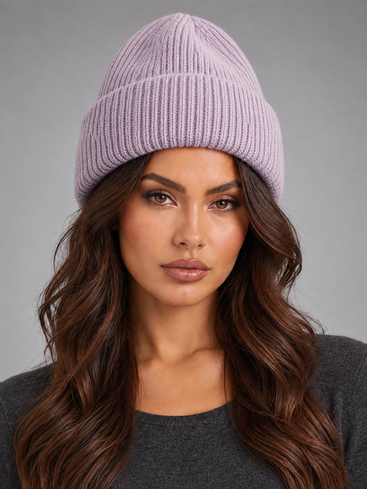 Women's Angora Knit Beanie – Soft Winter Hat in Lilac — front view