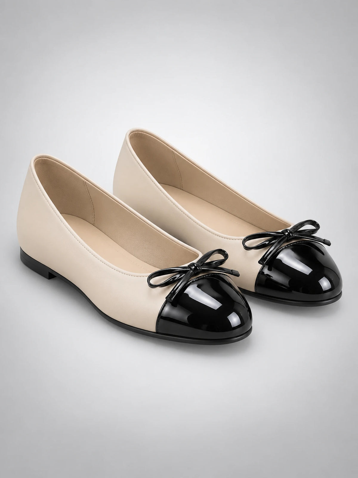 Women's Cap-Toe Ballet Flats – Bow Detail in Beige — side view