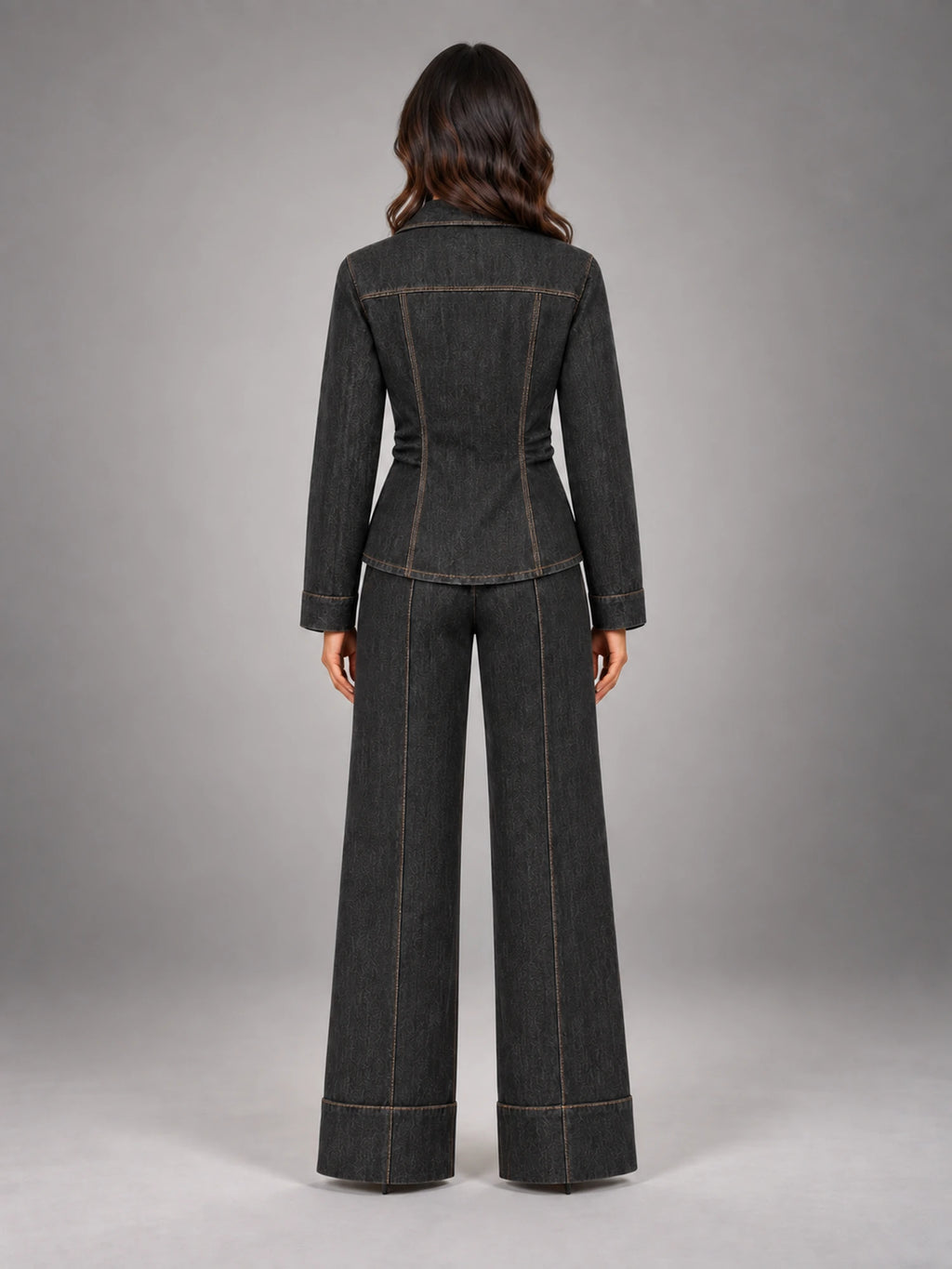 Women's Charcoal Denim Utility Set – Shirt & Trousers in Charcoal — back view