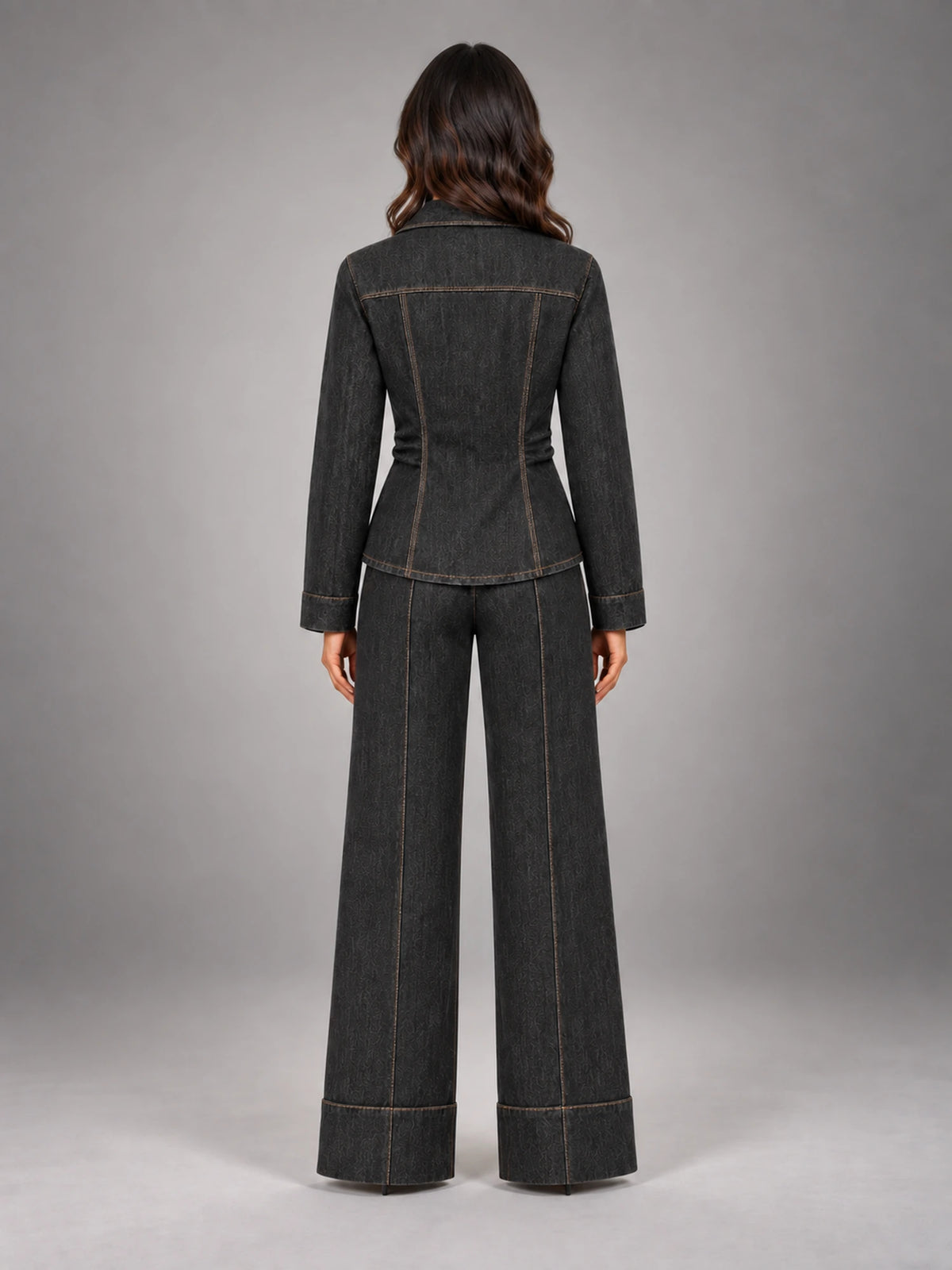 Women's Charcoal Denim Utility Set – Shirt & Trousers in Charcoal — back view