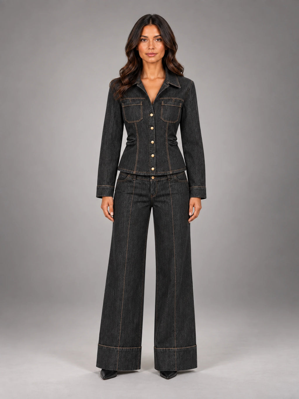 Women's Charcoal Denim Utility Set – Shirt & Trousers in Charcoal — front view