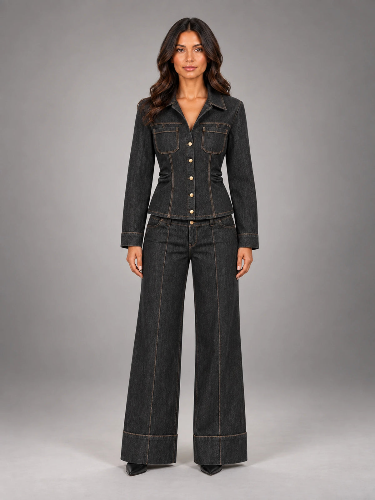 Women's Charcoal Denim Utility Set – Shirt & Trousers in Charcoal — front view