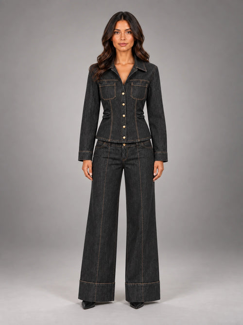 Women's Charcoal Denim Utility Set – Shirt & Trousers in Charcoal — front view