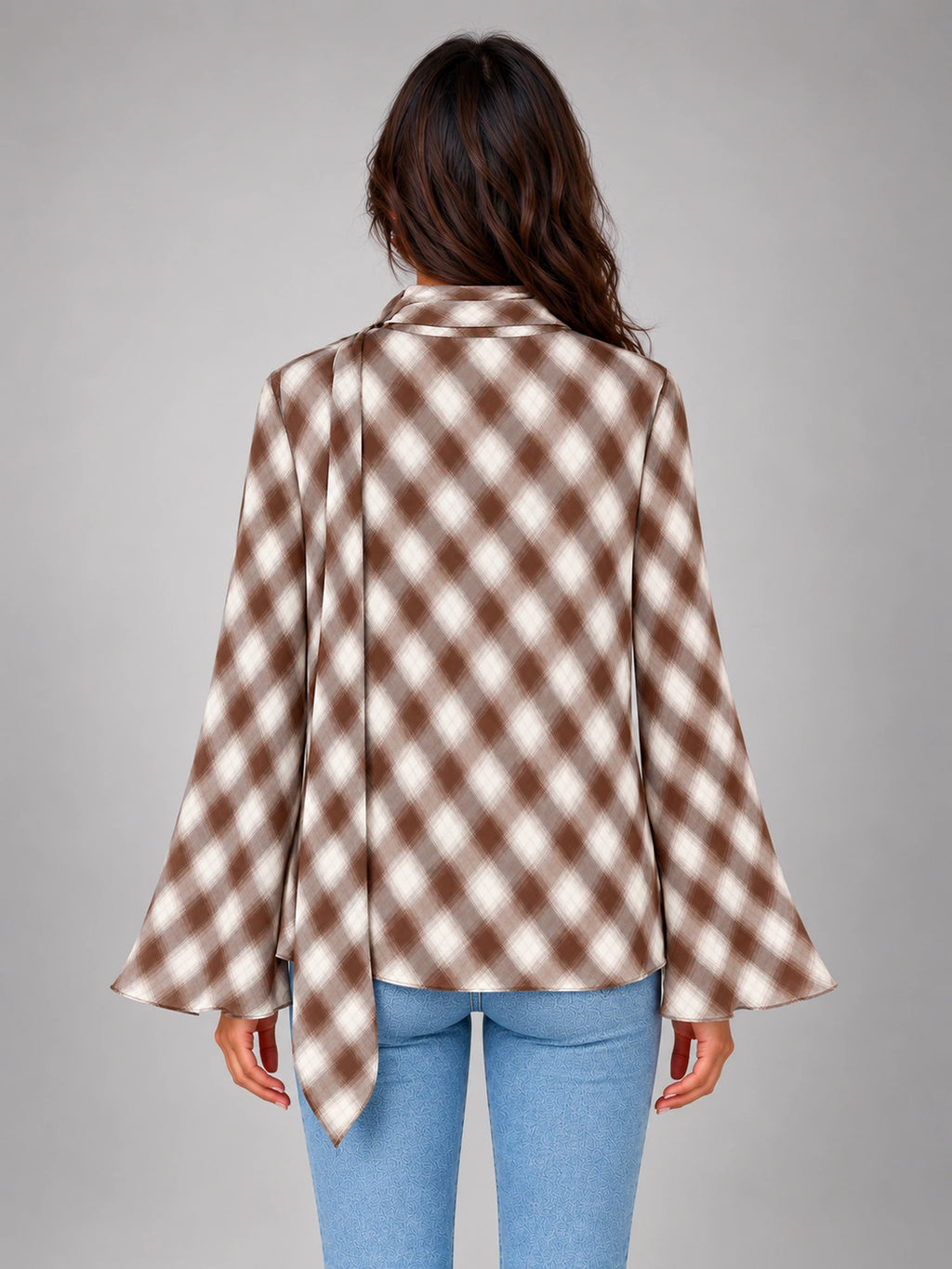 Women's Check Neck Scarf Blouse – Flared Cuffs in Coffee Ivory Check — back view