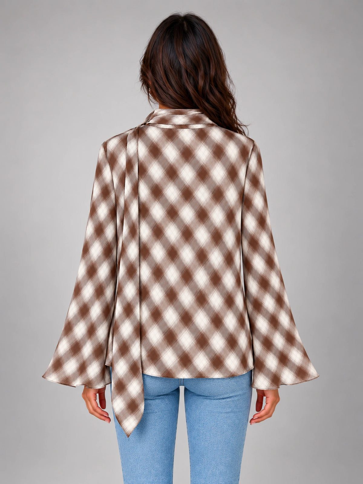 Women's Check Neck Scarf Blouse – Flared Cuffs in Coffee Ivory Check — back view