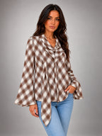 Women's Check Neck Scarf Blouse – Flared Cuffs in Coffee Ivory Check — alternate view