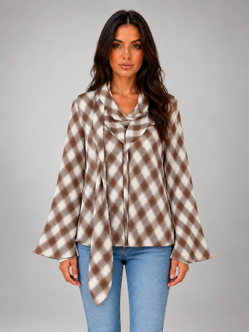 Women's Check Neck Scarf Blouse – Flared Cuffs in Coffee Ivory Check — front view