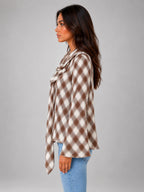 Women's Check Neck Scarf Blouse – Flared Cuffs in Coffee Ivory Check — side view
