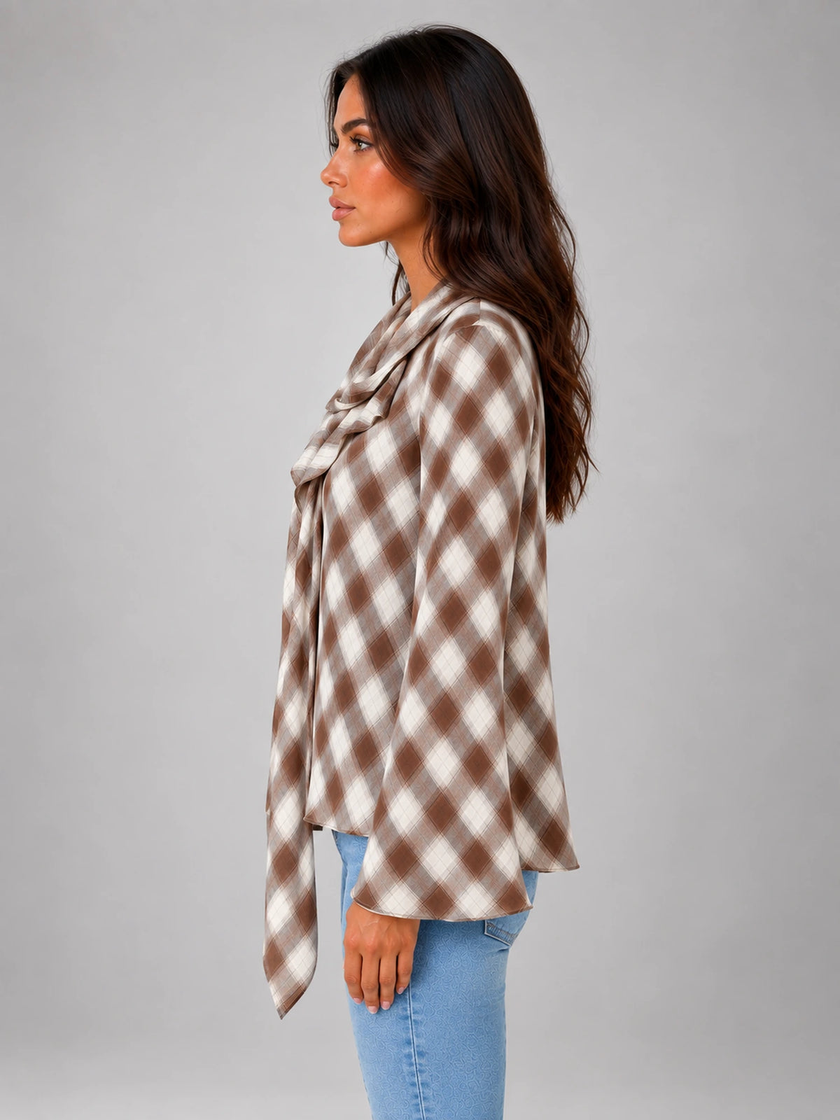 Women's Check Neck Scarf Blouse – Flared Cuffs in Coffee Ivory Check — side view
