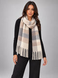 Women's Tassel Blanket Scarf – Long Check & Plain in Beige/Grey Check — front view