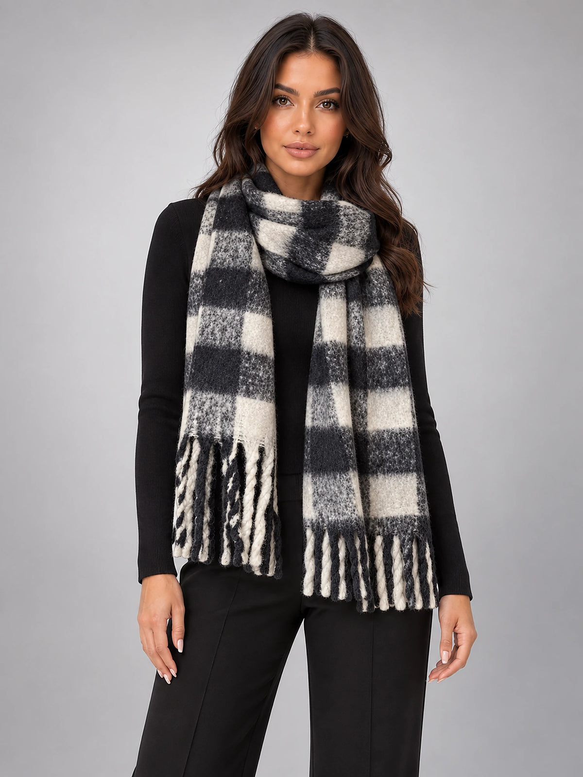 Women's Tassel Blanket Scarf – Long Check & Plain in Black/Cream Check — front view