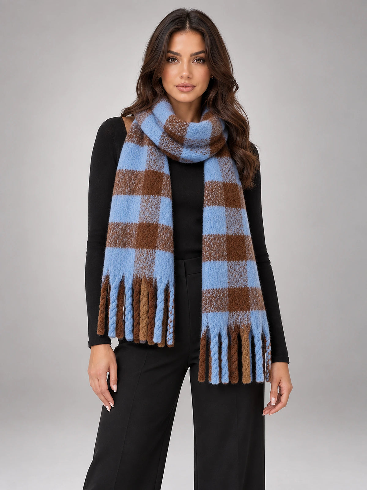 Women's Tassel Blanket Scarf – Long Check & Plain in Blue/Brown Check — front view