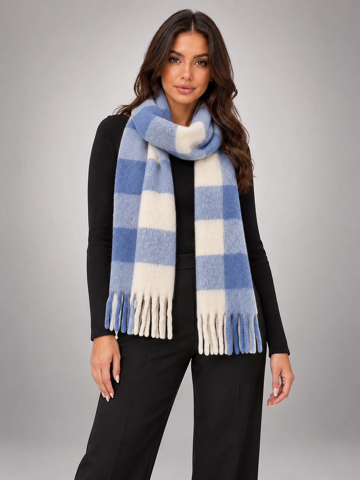 Women's Tassel Blanket Scarf – Long Check & Plain in Blue/Cream Check — front view