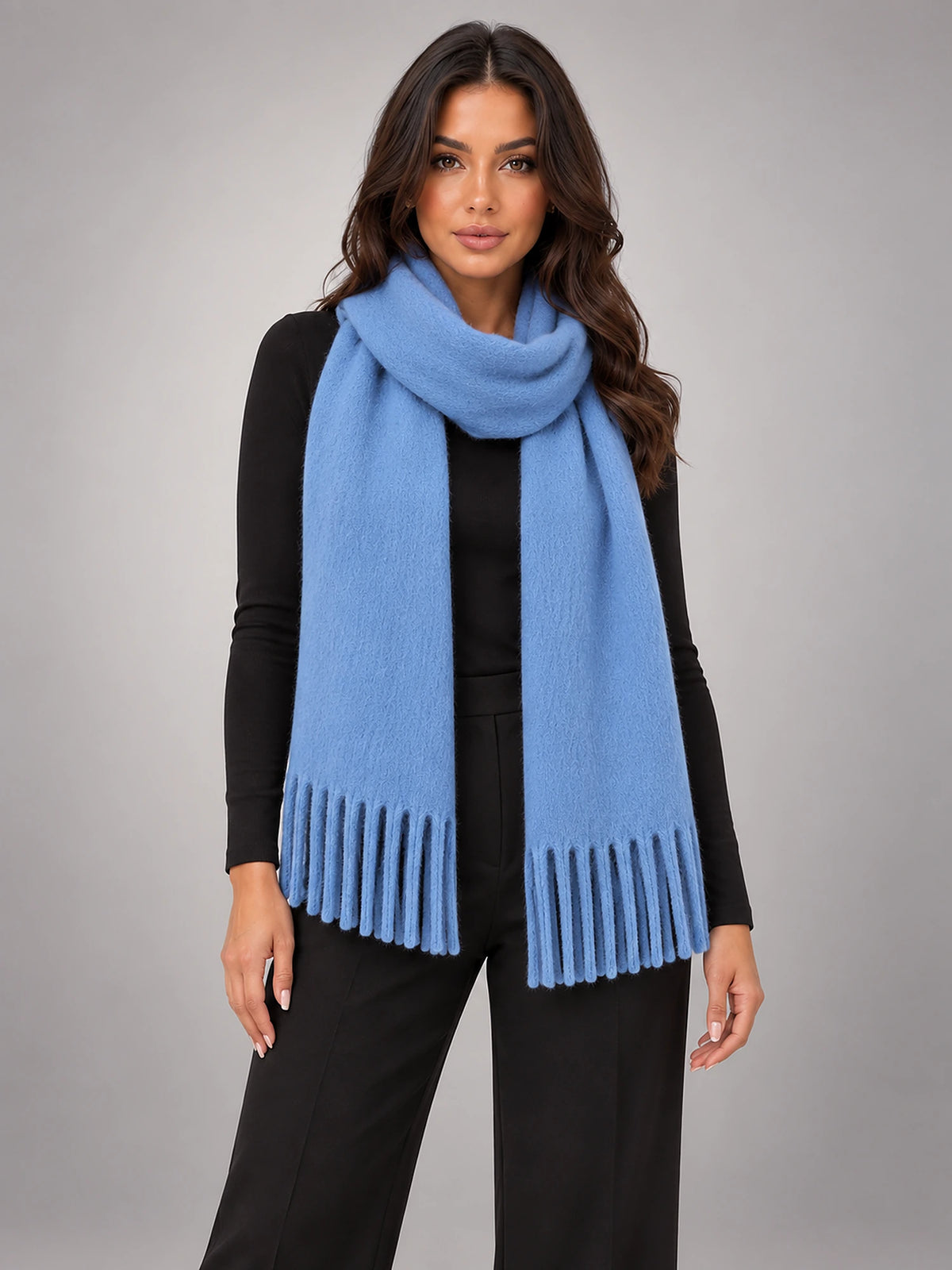 Women's Tassel Blanket Scarf – Long Check & Plain in Blue — front view