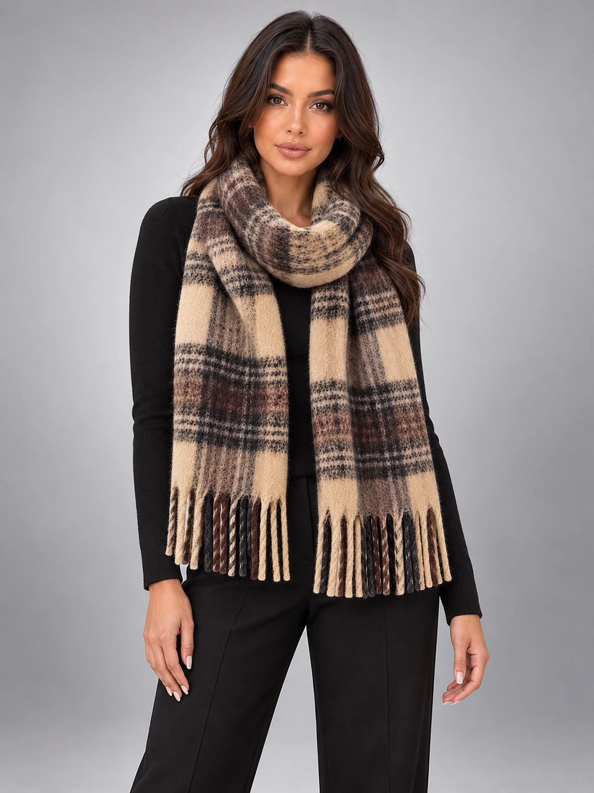 Women's Tassel Blanket Scarf – Long Check & Plain in Brown/Beige Check — front view