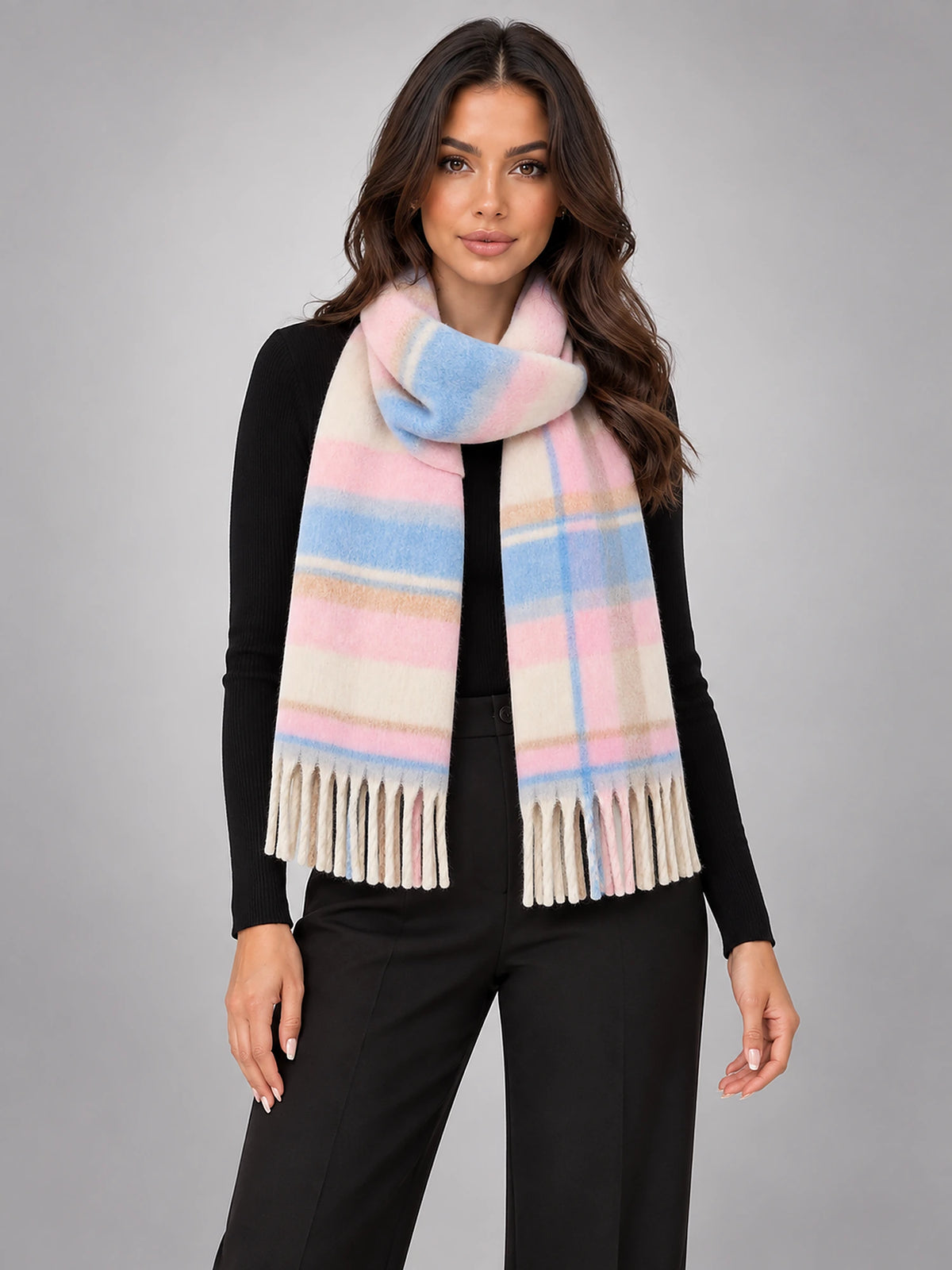 Women's Tassel Blanket Scarf – Long Check & Plain in Pastel Check — front view