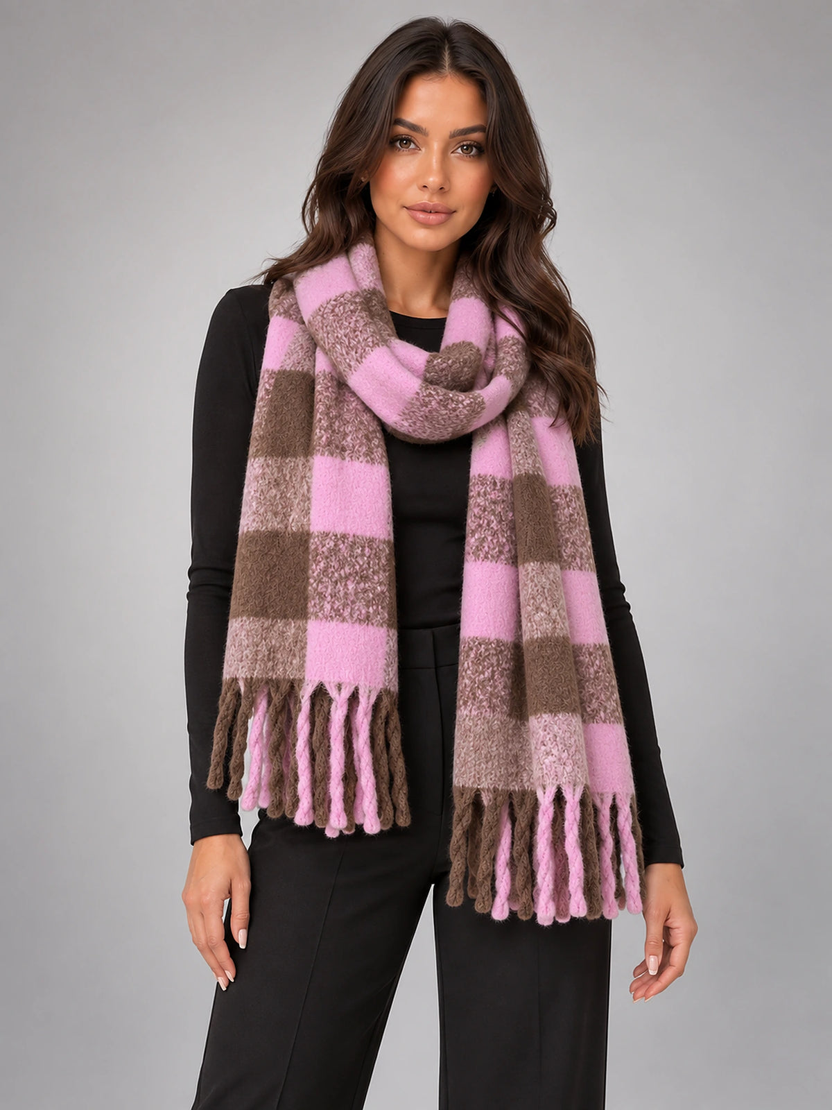 Women's Tassel Blanket Scarf – Long Check & Plain in Pink/Brown Check — front view