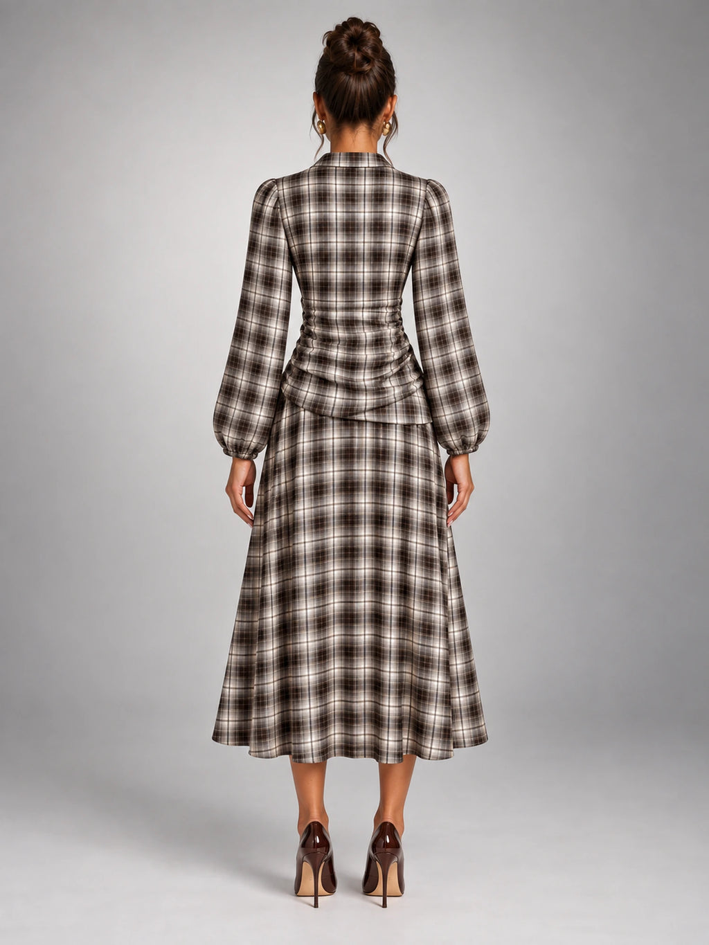 Women's Check V-Neck Ruched Midi Dress – Long Sleeve in Coffee Grey Check — back view