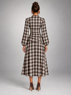 Women's Check V-Neck Ruched Midi Dress – Long Sleeve in Coffee Grey Check — back view