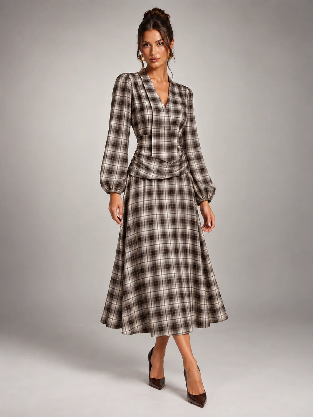 Women's Check V-Neck Ruched Midi Dress – Long Sleeve in Coffee Grey Check — alternate view