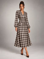 Women's Check V-Neck Ruched Midi Dress – Long Sleeve in Coffee Grey Check — alternate view