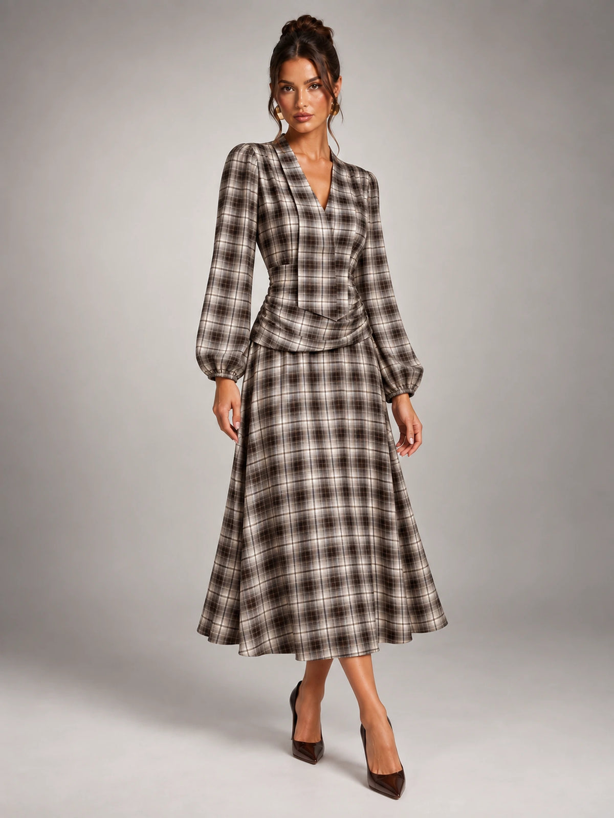 Women's Check V-Neck Ruched Midi Dress – Long Sleeve in Coffee Grey Check — alternate view